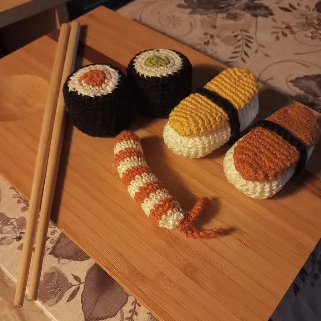 Crocheted sushi set with chopsticks